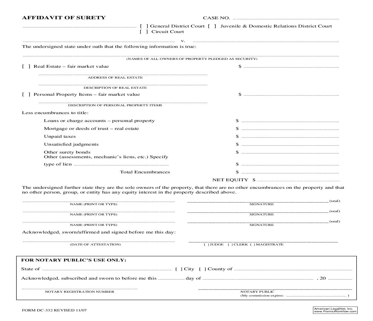 Affidavit Of Surety {DC-332} | Pdf Fpdf Doc Docx | Virginia