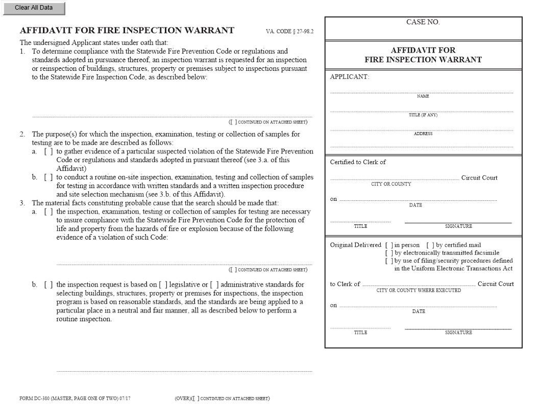 Application For Fire Inspection Warrant {DC-380} | Pdf Fpdf Docx | Virginia