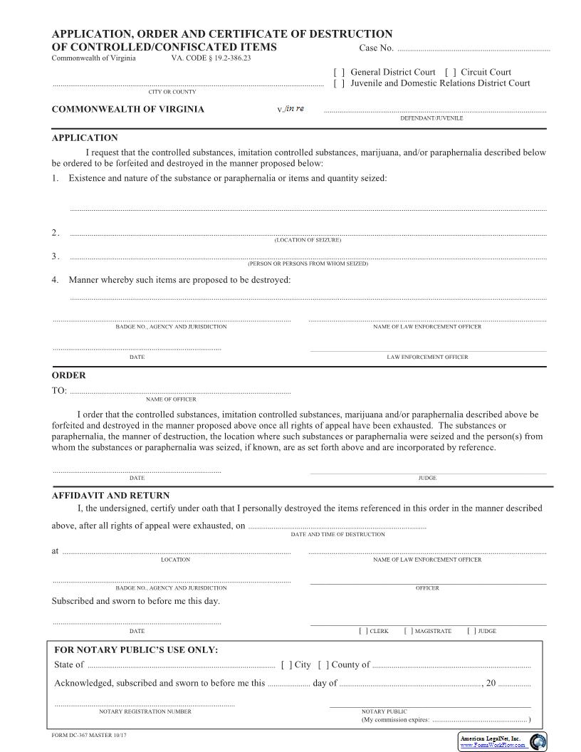 Application, Request, Order And Certificate Of Destruction Of Controlloed-Confiscated Items {DC-367} | Pdf Fpdf Docx | Virginia