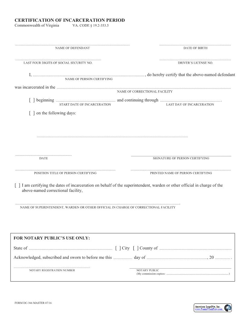 Certification Of Incarceration Period {DC-366} | Pdf Fpdf Docx | Virginia