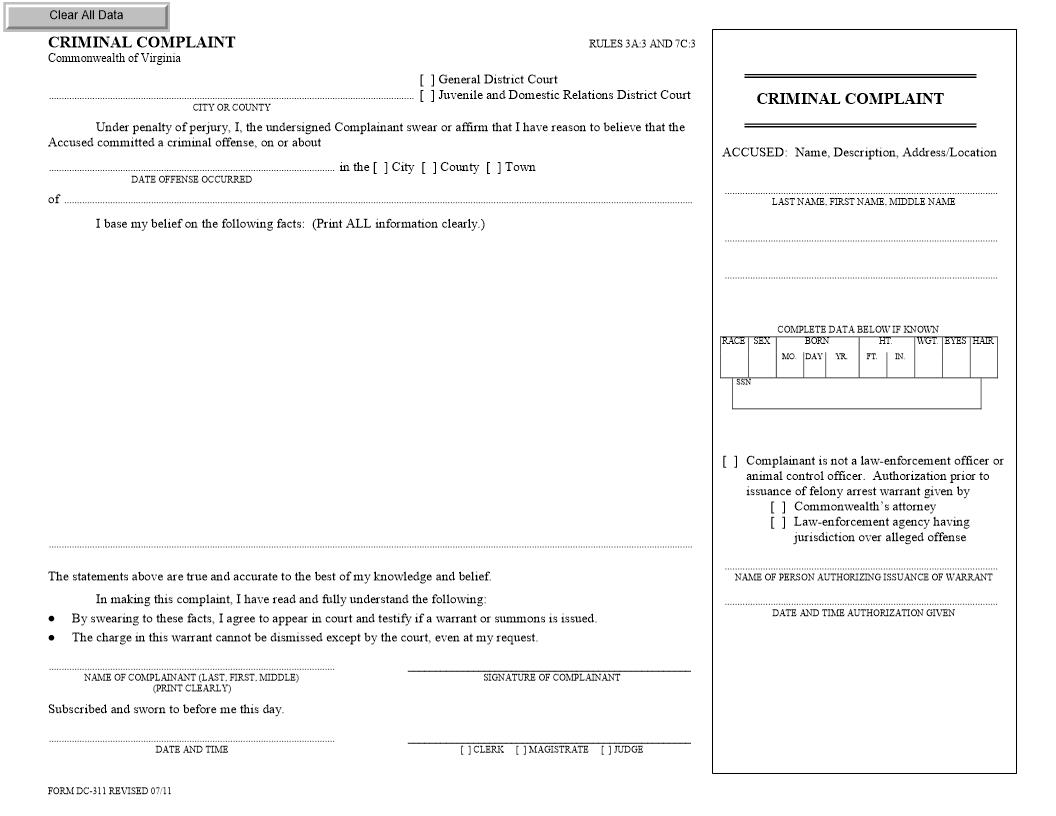 Criminal Complaint {DC-311} | Pdf Fpdf Docx | Virginia