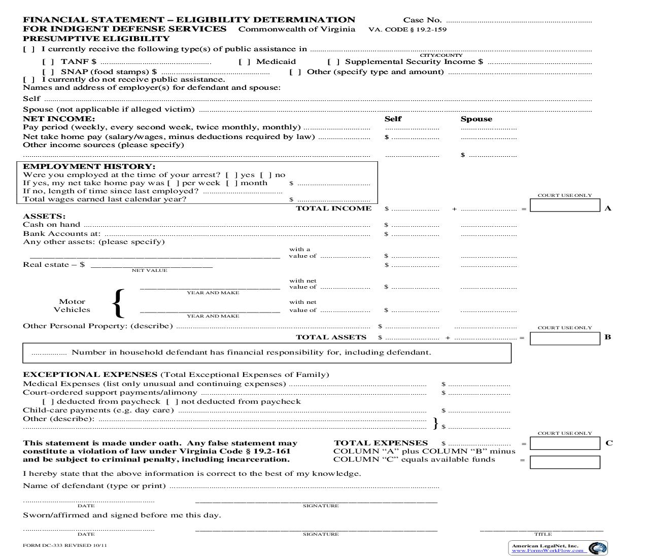 Financial Statement Eligibility Determination For Indigent Defense Services {DC-333} | Pdf Fpdf Doc Docx | Virginia