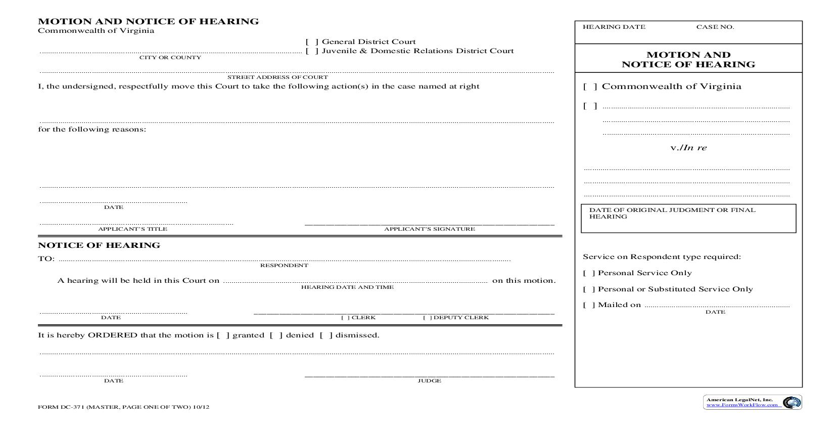 Motion And Notice Of Hearing {DC-371} | Pdf Fpdf Doc Docx | Virginia