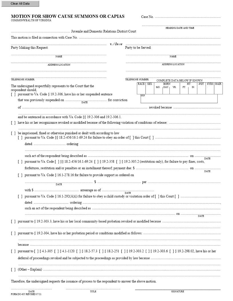 Motion For Show Cause Summons {DC-635} | Pdf Fpdf Doc Docx | Virginia