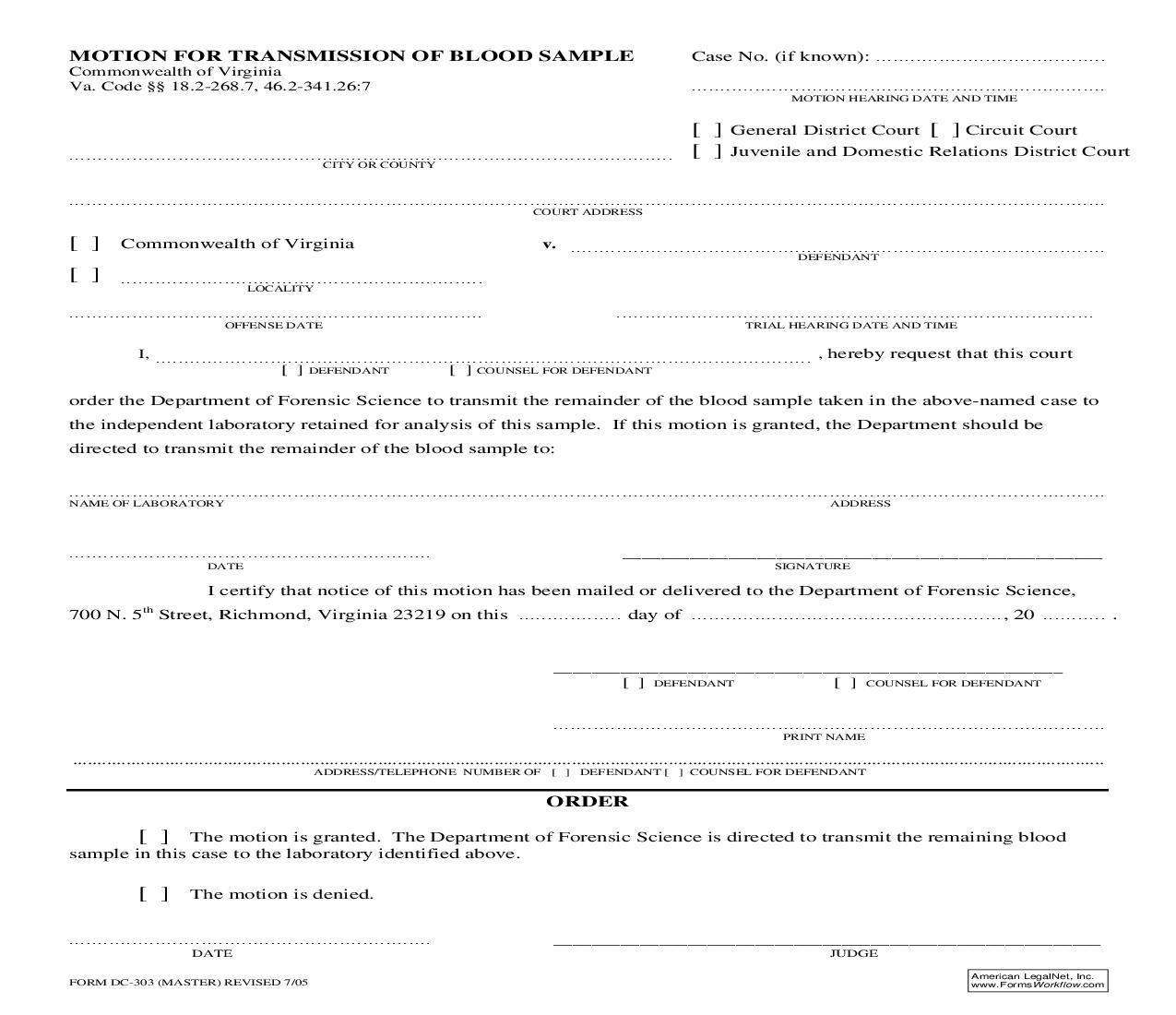 Motion For Transmission Of Blood Sample {DC-303} | Pdf Fpdf Doc Docx | Virginia