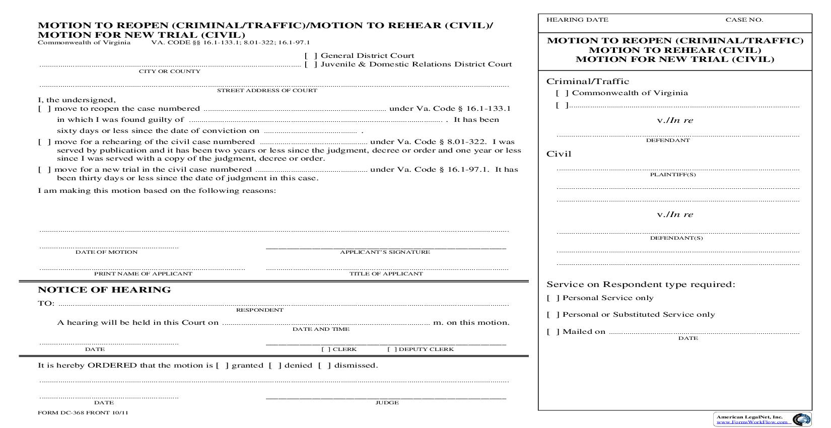 Motion To Reopen (Criminal-Traffic)-Motion To Rehear (Civil)-Motion For New Trial (Civil) {DC-368} | Pdf Fpdf Doc Docx | Virginia