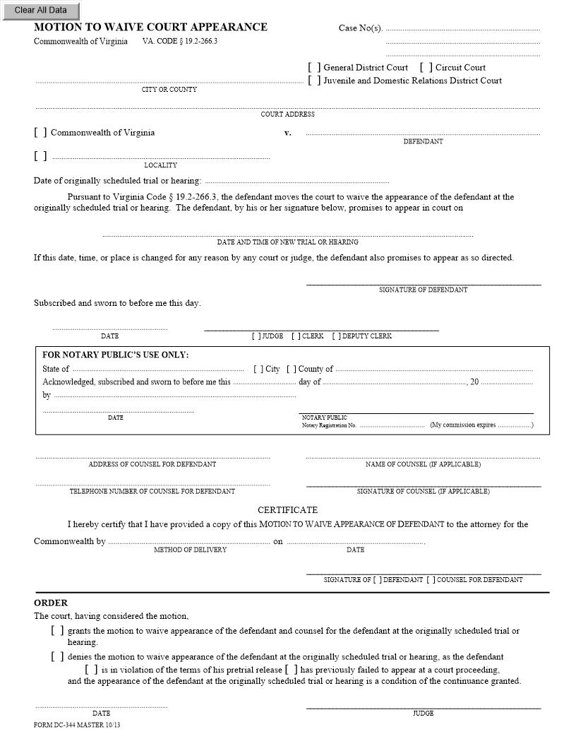 Motion To Waive Court Appearance {DC-344} | Pdf Fpdf Docx | Virginia