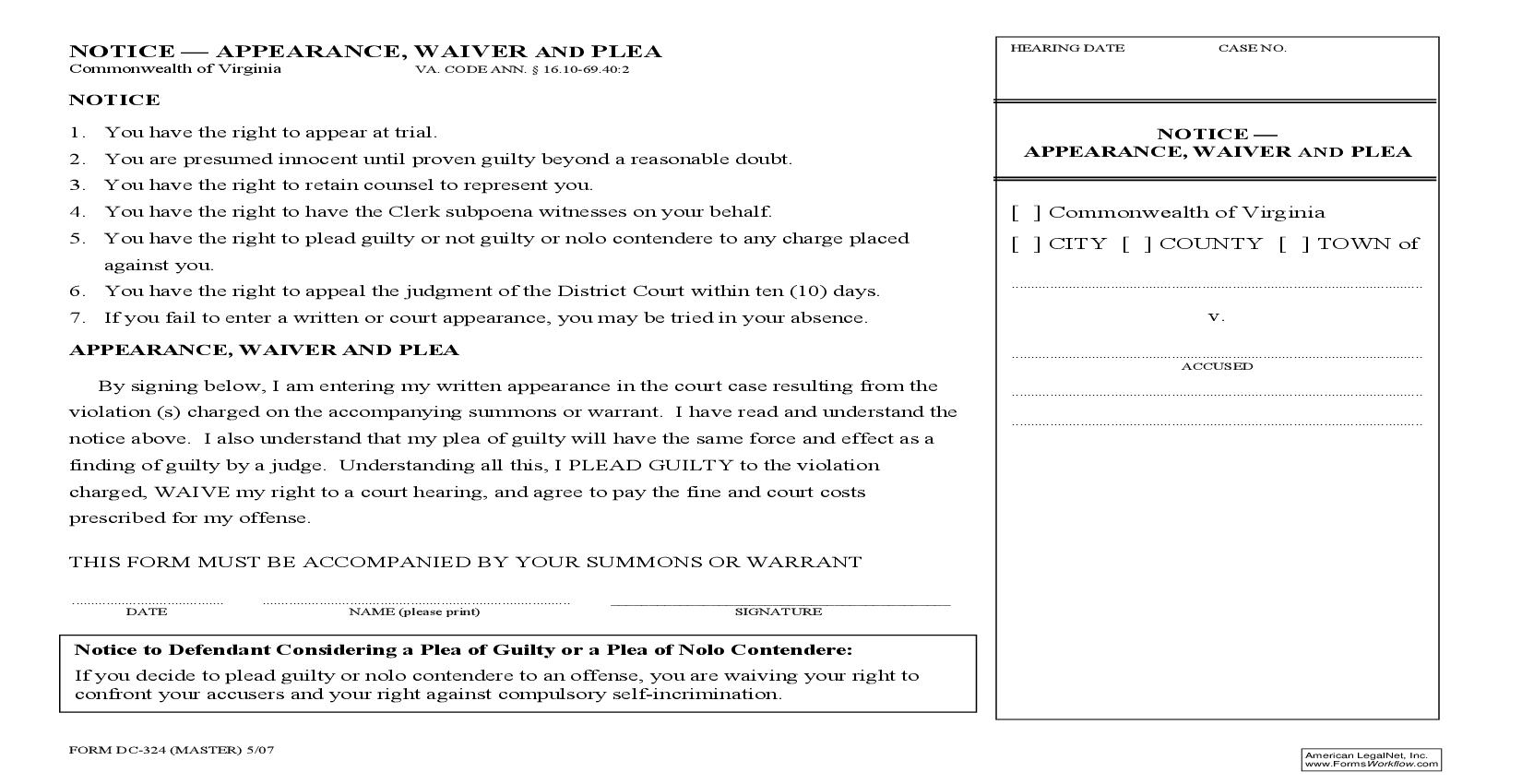 Notice Appearance Waiver And Plea {DC-324} | Pdf Fpdf Doc Docx | Virginia