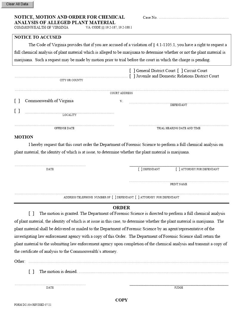 Notice Motion And Order For Chemical Analysis Of Alleged Plant Material {DC-304} | Pdf Fpdf Doc Docx | Virginia