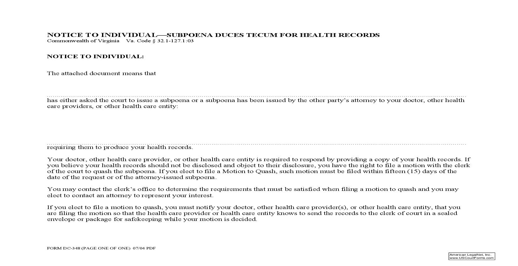 Notice To Patient Subpoena Duces Tecum For Medical Records {DC-348} | Pdf Fpdf Doc Docx | Virginia