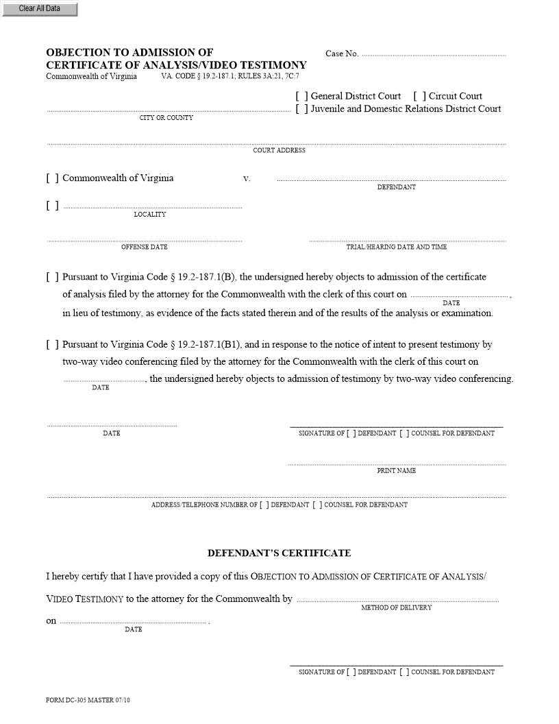 Objection To Admission Of Certificate Of Analysis Video Testimony {DC-305} | Pdf Fpdf Docx | Virginia