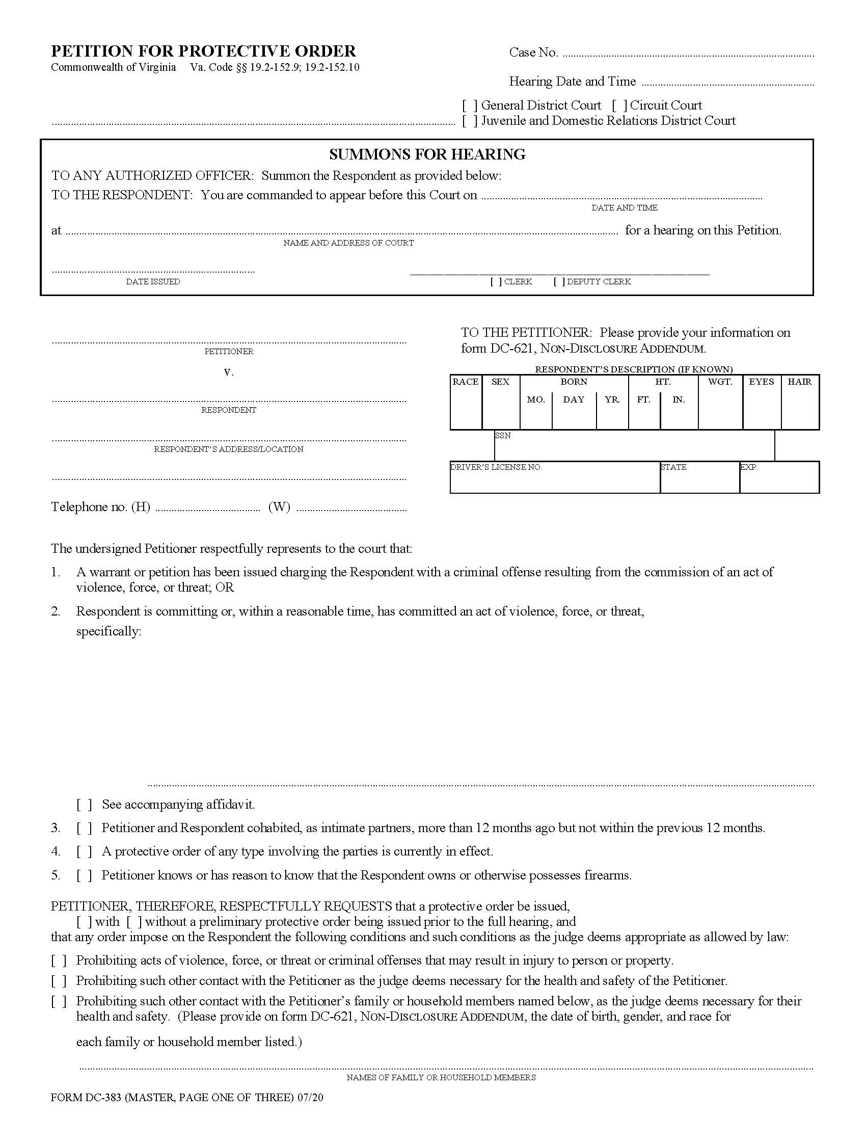 Petition For Protective Order Stalking {DC-383} | Pdf Fpdf Docx | Virginia