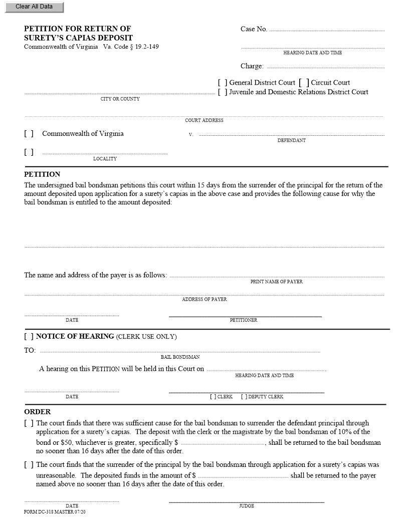 Petition For Return Of Suretys Capias Deposit {DC-318} | Pdf Fpdf Docx | Virginia