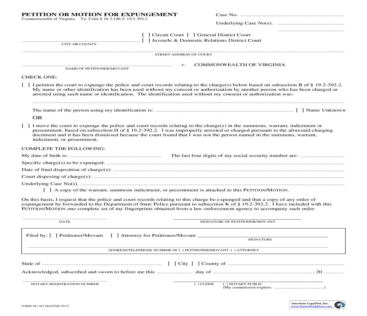 Petition Or Motion For Expungement {DC-363} | Pdf Fpdf Doc Docx | Virginia