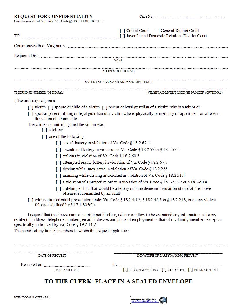 Request For Confidentiality {DC-301} | Pdf Fpdf Docx | Virginia