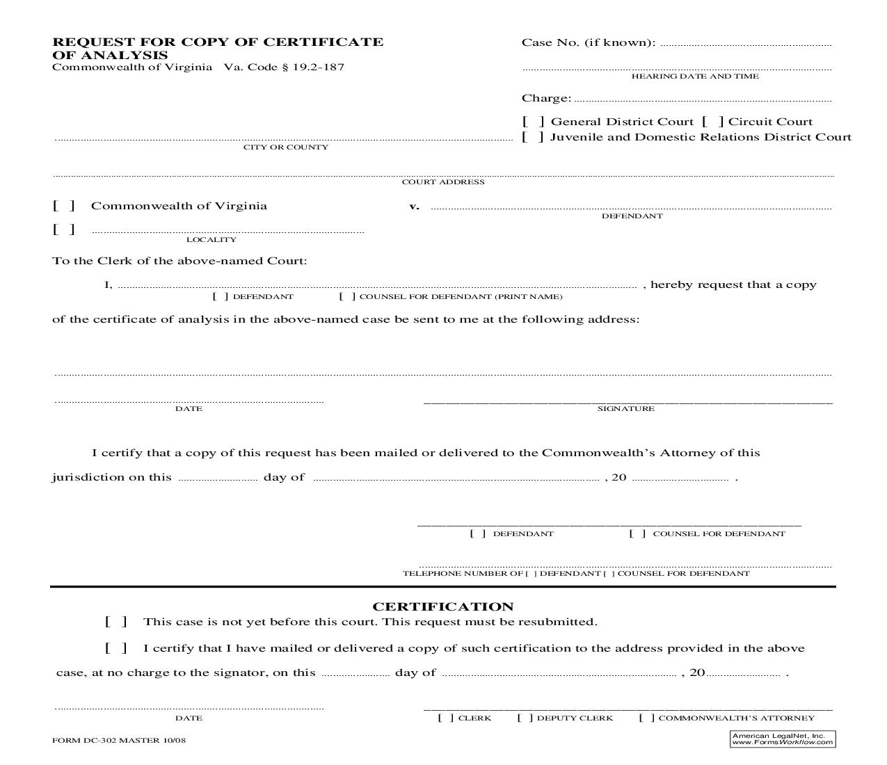 Request For Copy Of Certificate Of Analysis {DC-302} | Pdf Fpdf Doc Docx | Virginia