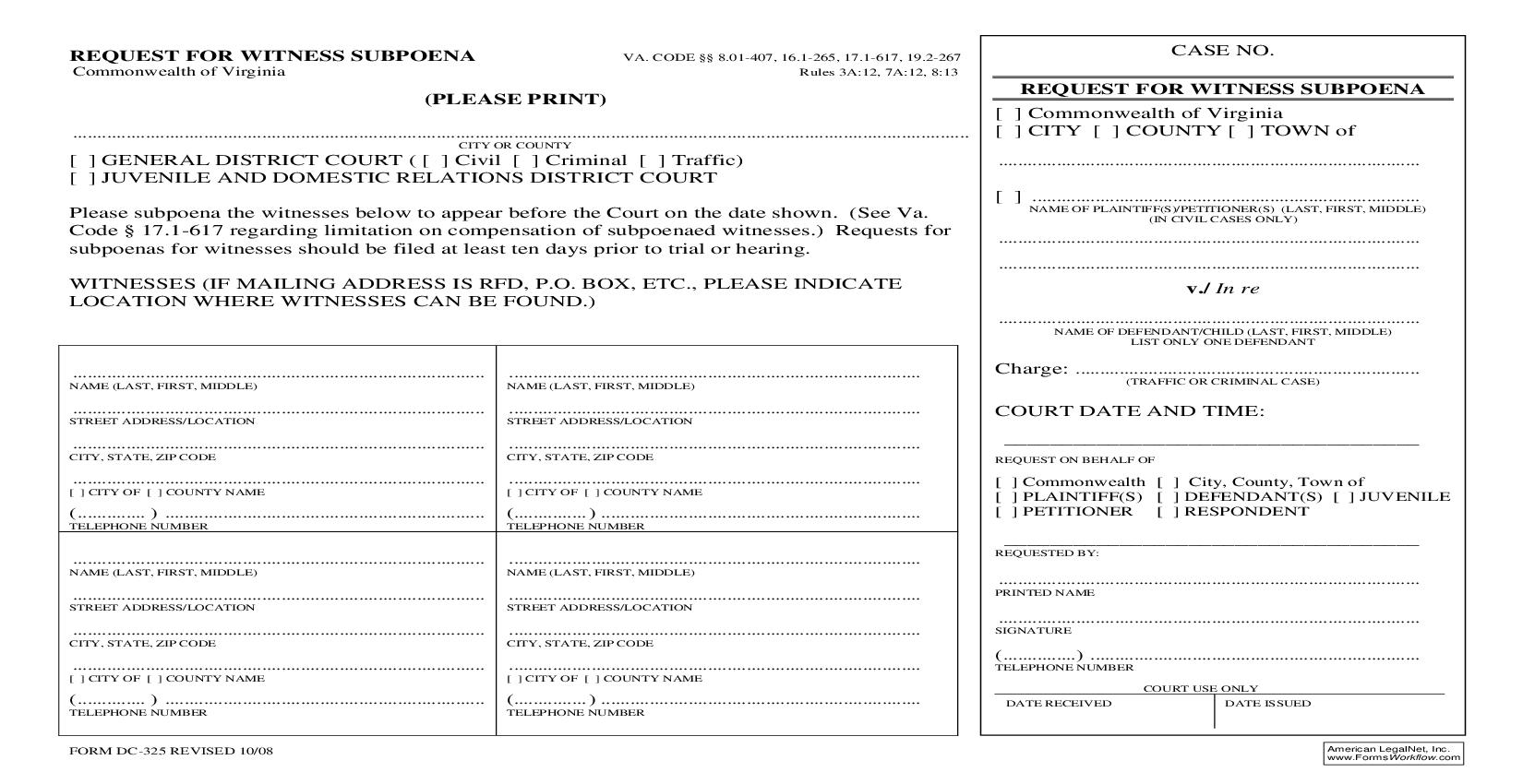 Request For Witness Subpoena {DC-325} | Pdf Fpdf Doc Docx | Virginia