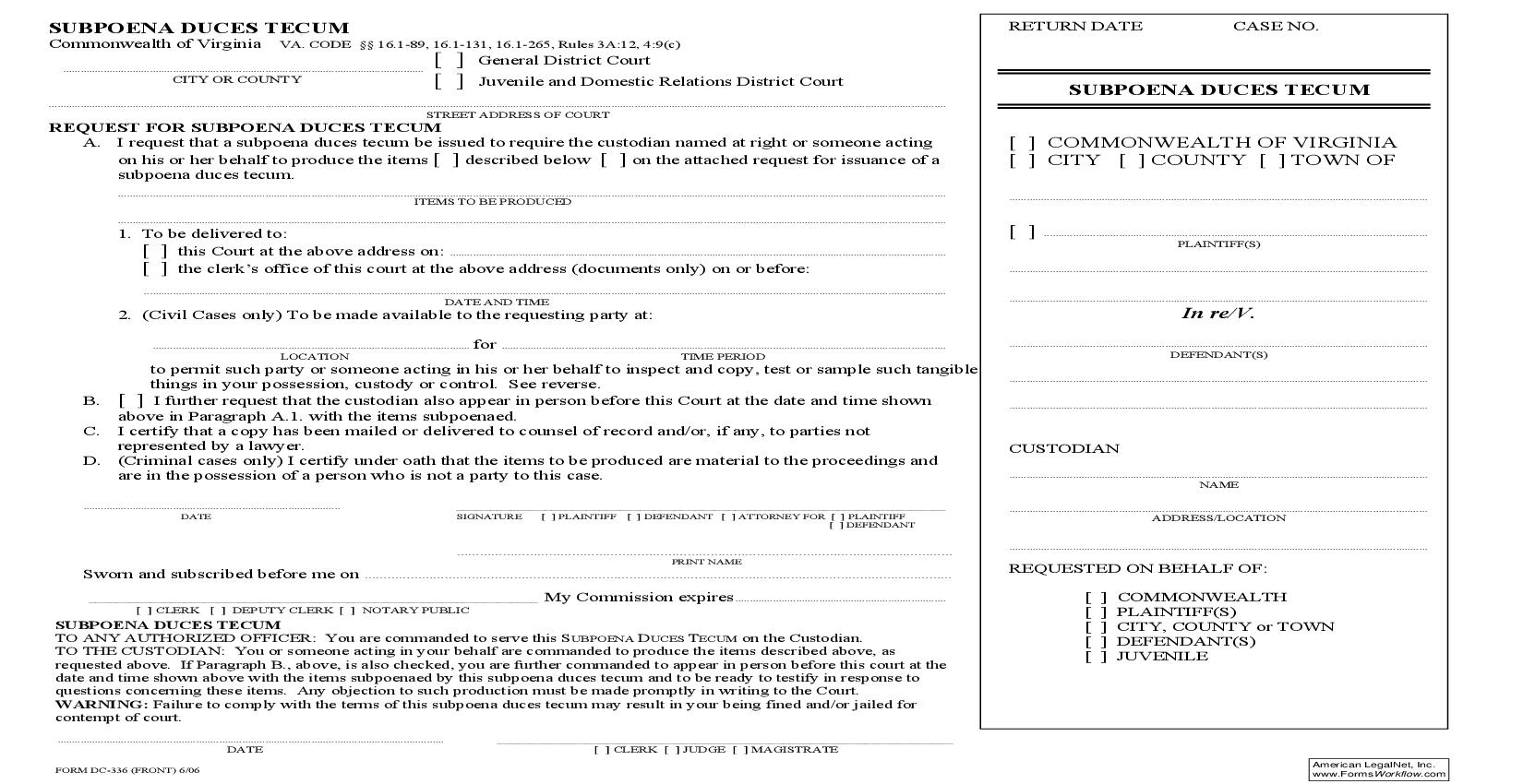 Subpoena Duces Tecum {DC-336} | Pdf Fpdf Doc Docx | Virginia
