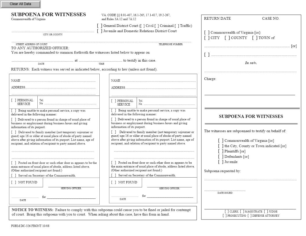 Subpoena For Witness {DC-326} | Pdf Fpdf Docx | Virginia