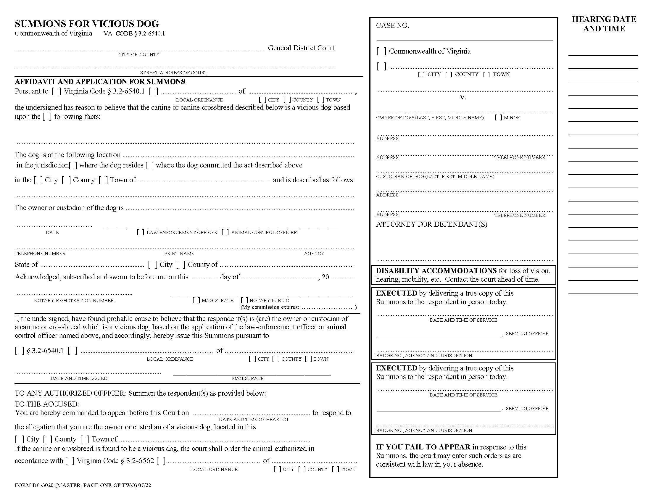 Summons For Vicious Dog {DC-3020} | Pdf Fpdf Docx | Virginia