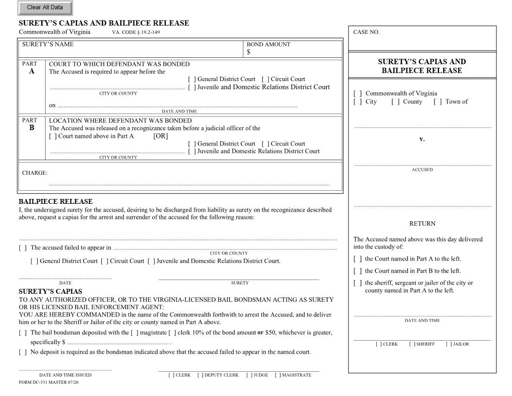 Suretys Capias And Bailpiece Release {DC-331} | Pdf Fpdf Docx | Virginia