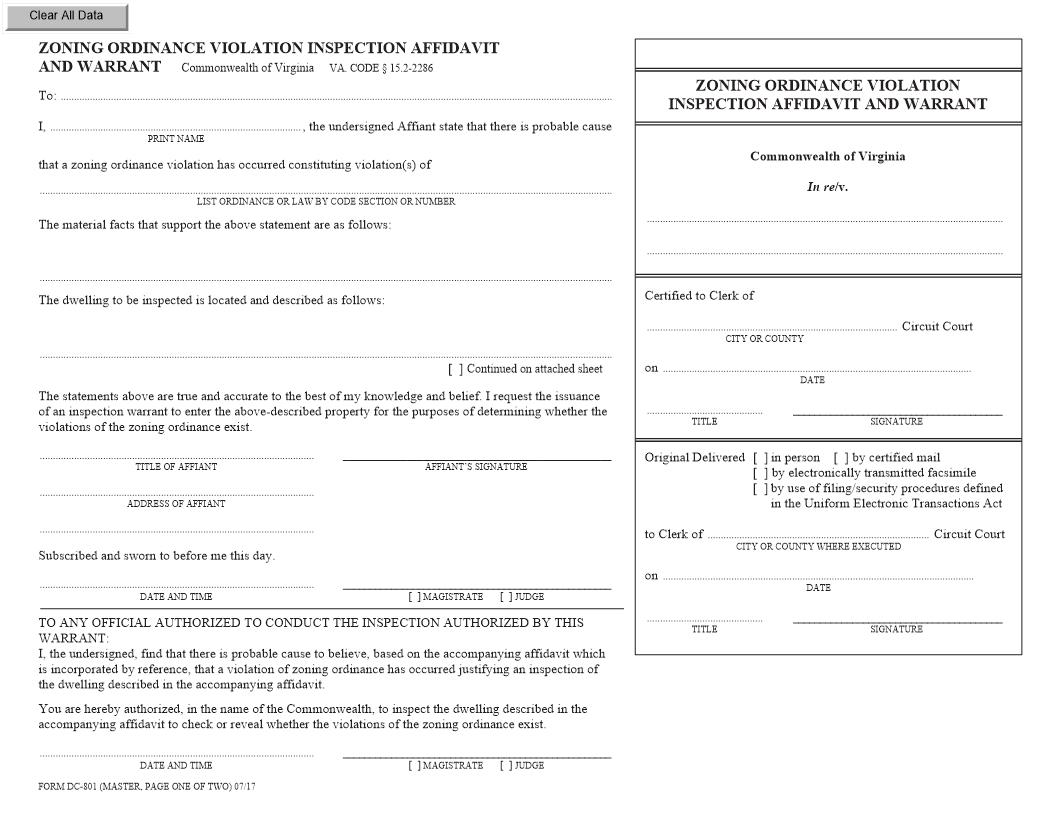 Zoning Ordinance Violation Inspection Affidavit And Warrant {DC-801} | Pdf Fpdf Docx | Virginia