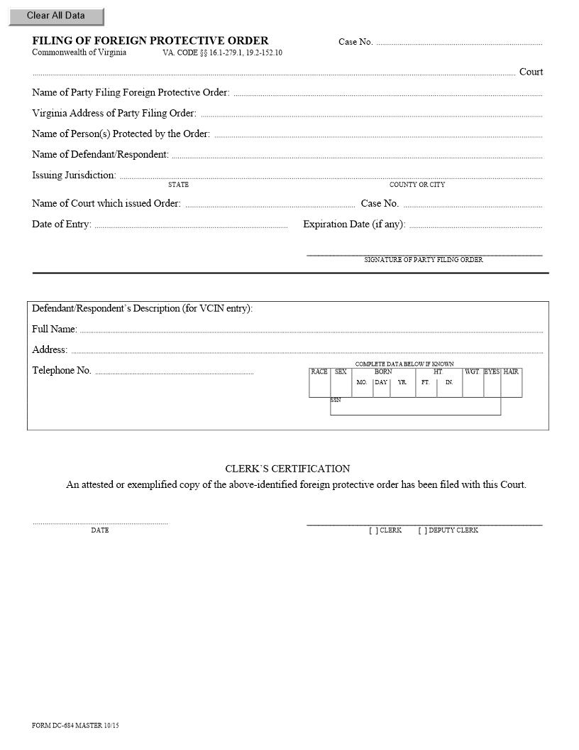 Filing Of Foreign Protective Order {DC-684} | Pdf Fpdf Doc Docx | Virginia