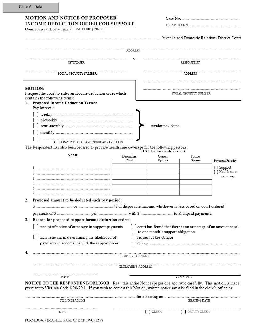 Motion And Notice Of Proposed Income Deduction Order For Support {DC-617} | Pdf Fpdf Doc Docx | Virginia