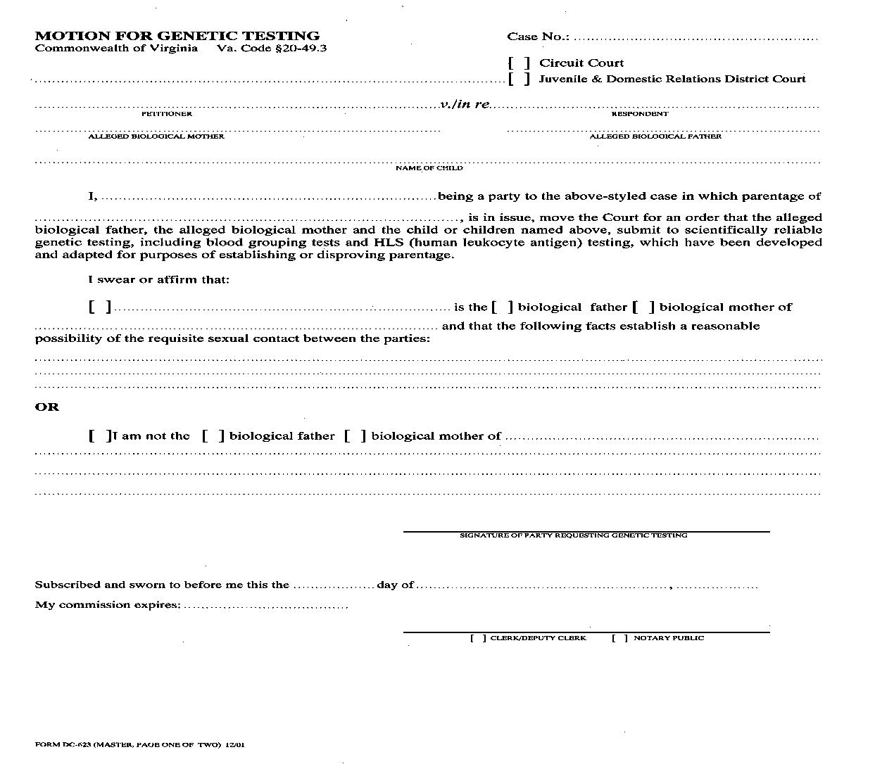 Motion For Genetic Testing {DC-623} | Pdf Fpdf Doc Docx | Virginia