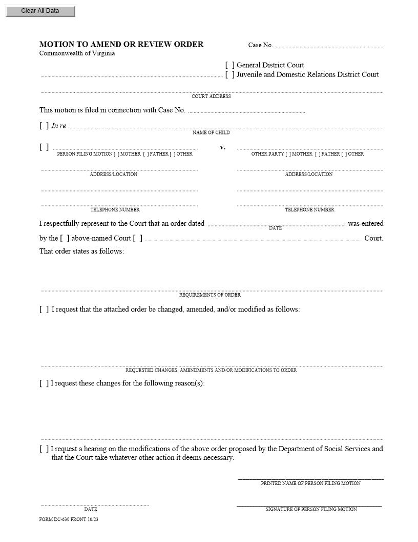 Motion To Amend Or Review Order {DC-630} | Pdf Fpdf Doc Docx | Virginia