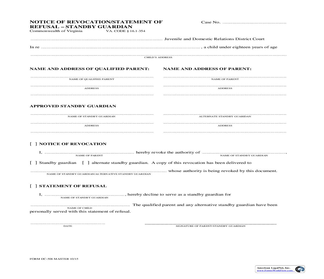 Notice Of Revocation Statement Of Refusal Standby Guardian {DC-506} | Pdf Fpdf Doc Docx | Virginia