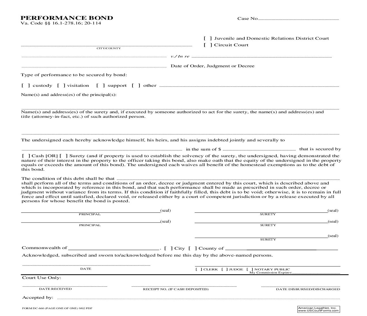 Performance Bond {DC-660} | Pdf Fpdf Doc Docx | Virginia