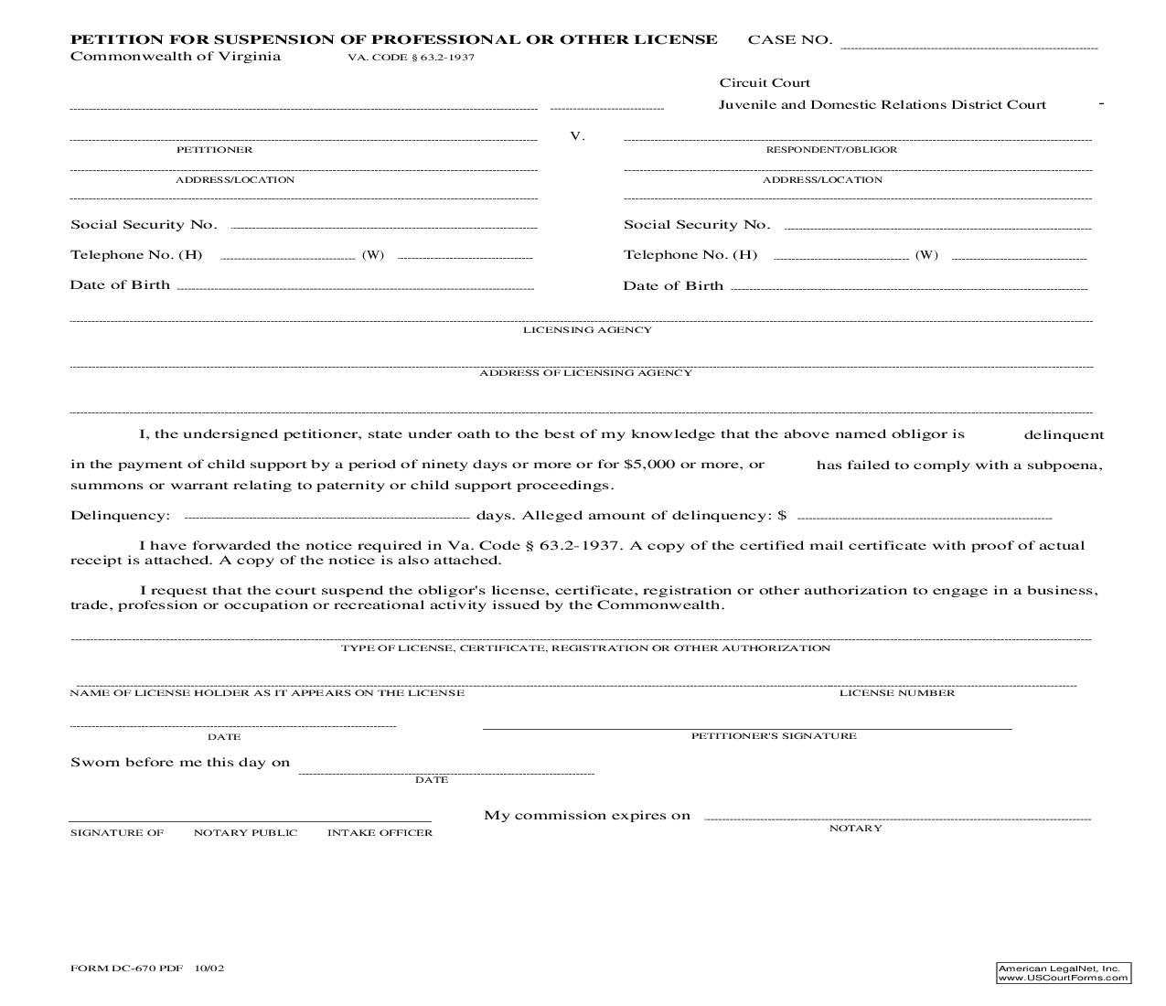 Petition For Suspension Of Professional Or Other License {DC-670} | Pdf Fpdf Doc Docx | Virginia