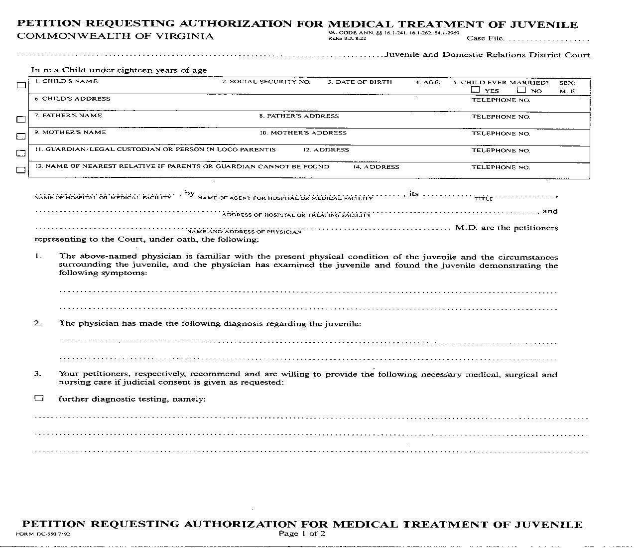 Petition Requesting Authorization For Medical Treatment of Juvenile {DC-550} | Pdf Fpdf Doc Docx | Virginia