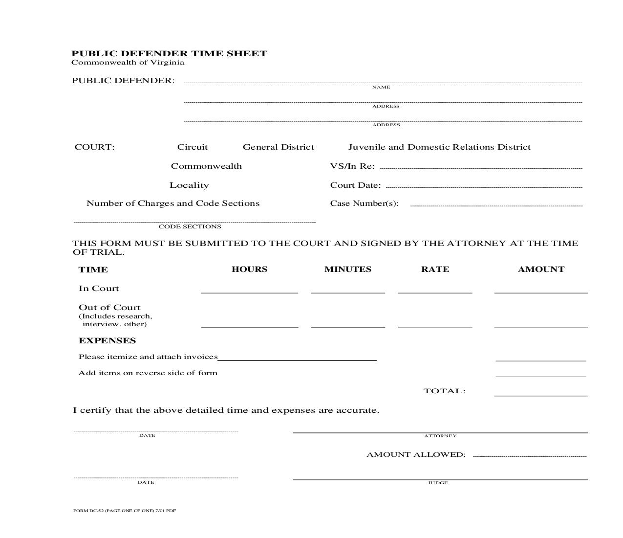 Public Defender Time Sheet {DC-52} | Pdf Fpdf Doc Docx | Virginia