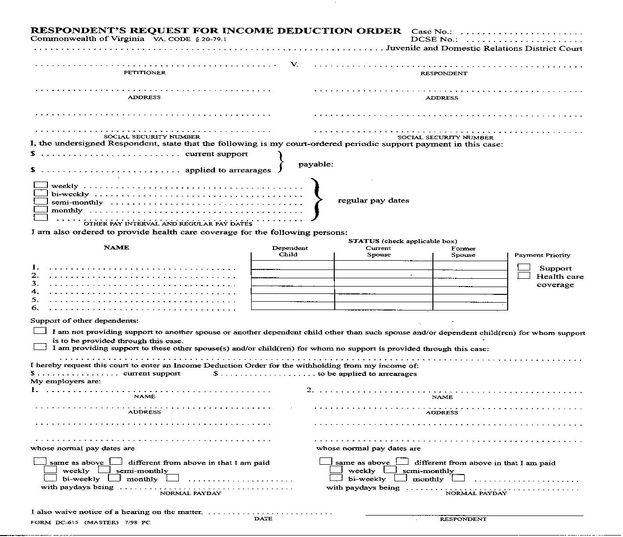 Respondents Request For Income Deduction Order {DC-615} | Pdf Fpdf Doc Docx | Virginia