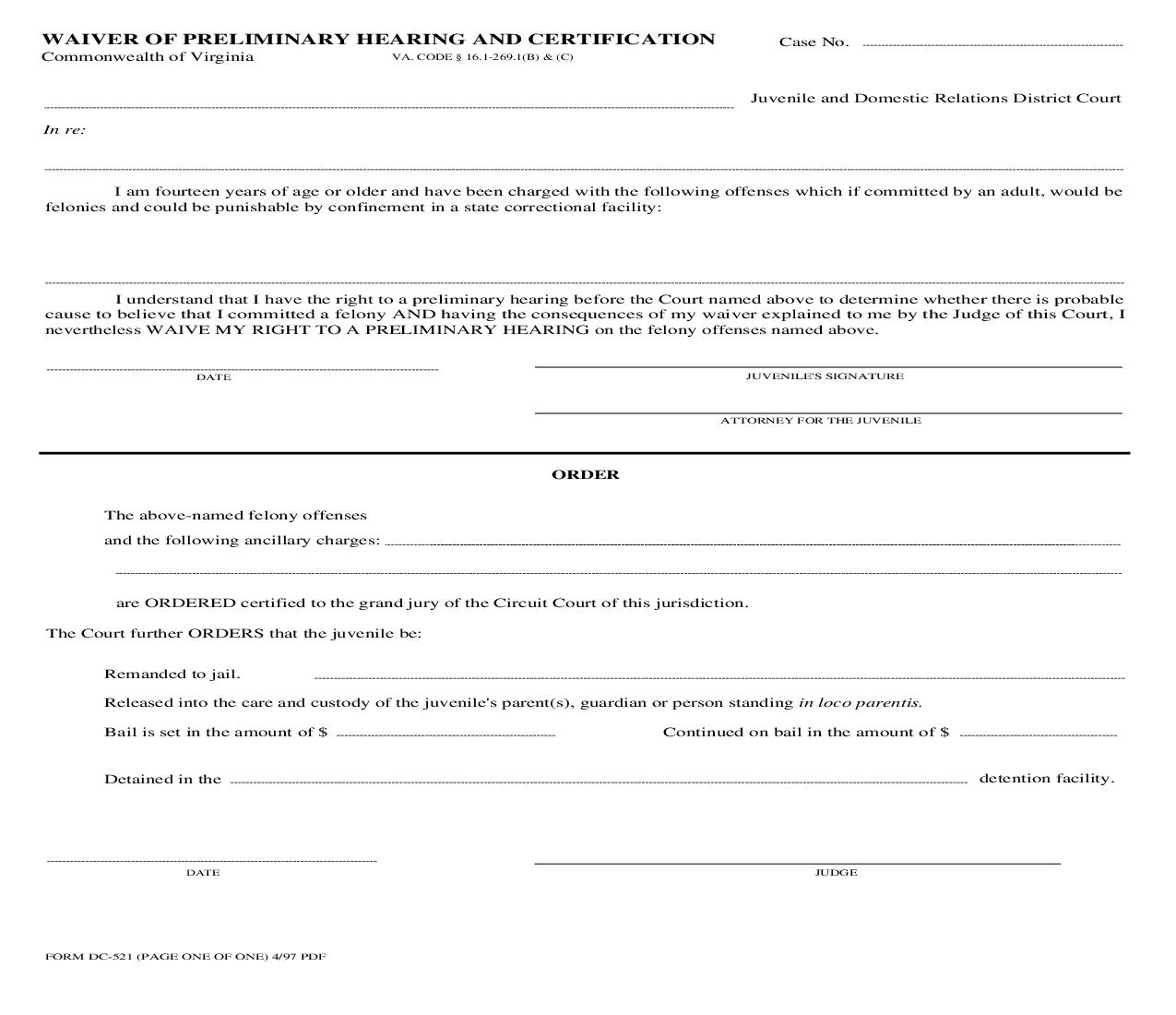 Waiver Of Preliminary Hearing And Certification {DC-521} | Pdf Fpdf Doc Docx | Virginia