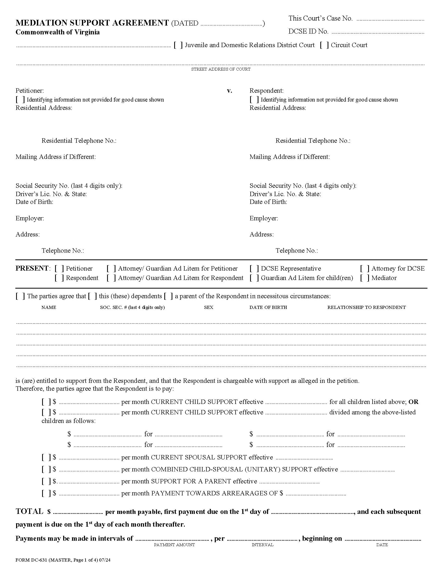 Mediation Support Agreement {DC-631} | Pdf Fpdf Docx | Virginia