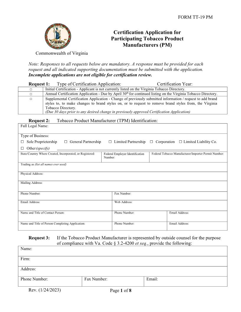 Certification Application For Non-Participating Tobacco Product Manufacturers (NPM) {TT-19 NPM} | Pdf Fpdf Docx | Virginia