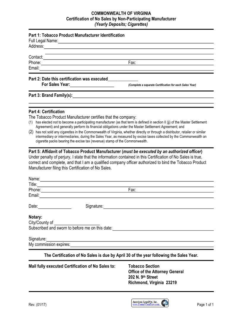 Certification Of No Sales By Non-Participating Manufacturer (Yearly Deposits-Cigarettes) | Pdf Fpdf Docx | Virginia