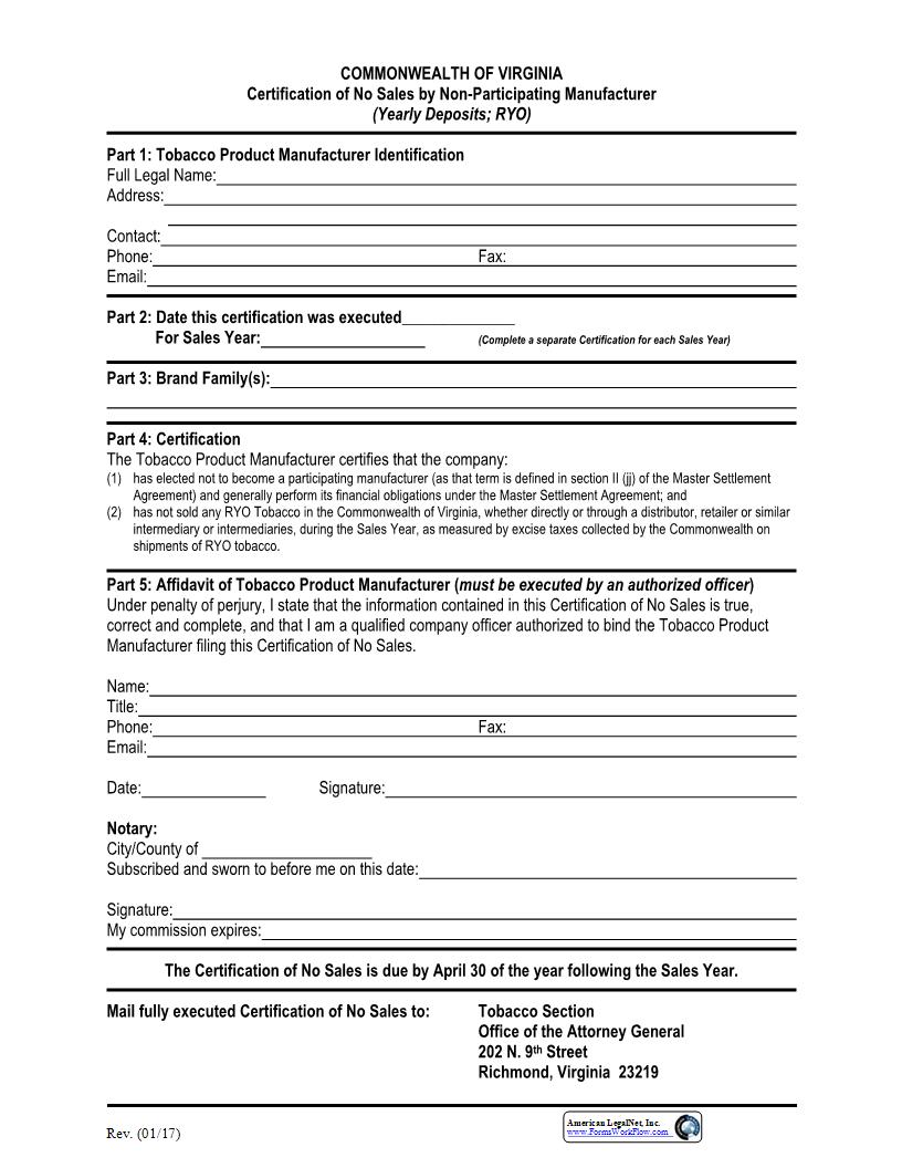 Certification Of No Sales By Non-Participating Manufacturer (Yearly Deposits-RYO) | Pdf Fpdf Docx | Virginia