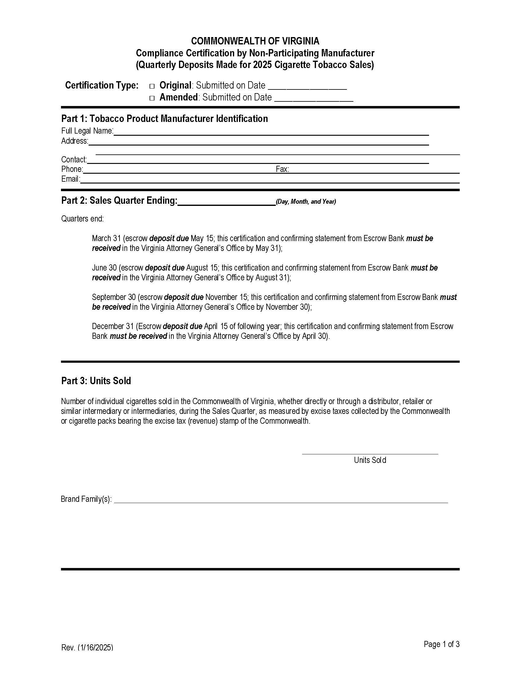 Compliance Certification (Quarterly Deposits Cigarette Sales) | Pdf Fpdf Docx | Virginia