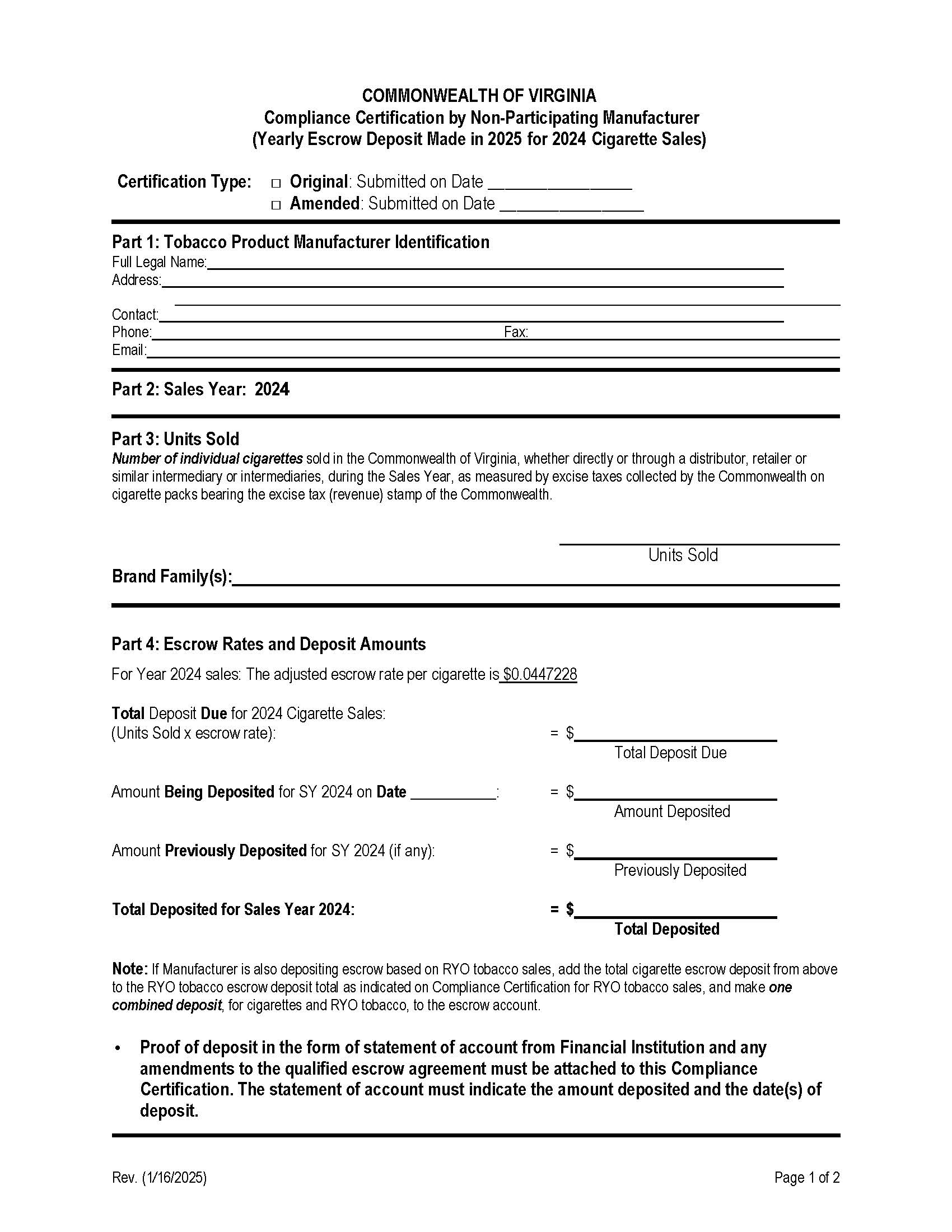 Compliance Certification (Yearly Escrow Deposits Cigarette Sales) | Pdf Fpdf Docx | Virginia