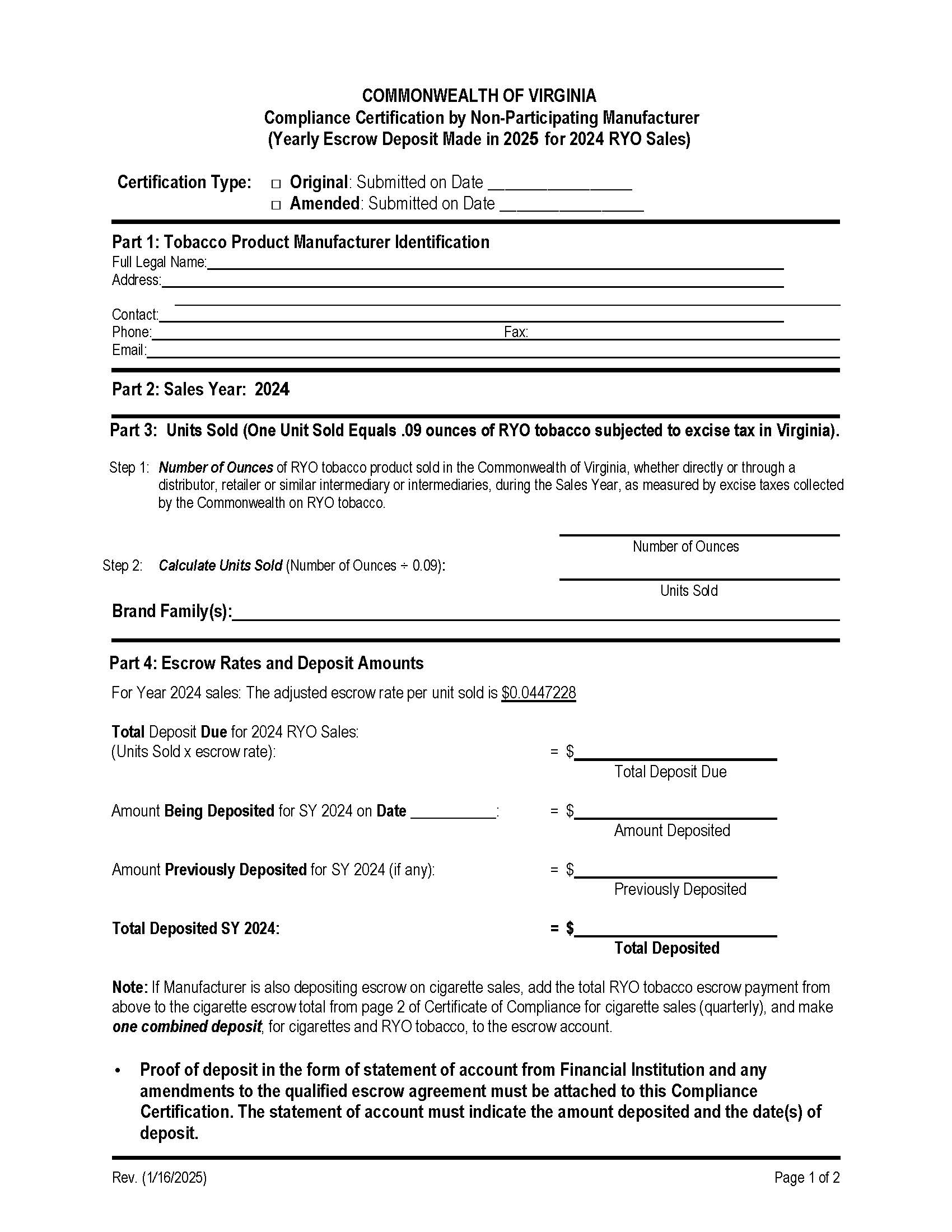 Compliance Certification (Yearly Escrow Deposits RYO Tobacco Sales) | Pdf Fpdf Docx | Virginia