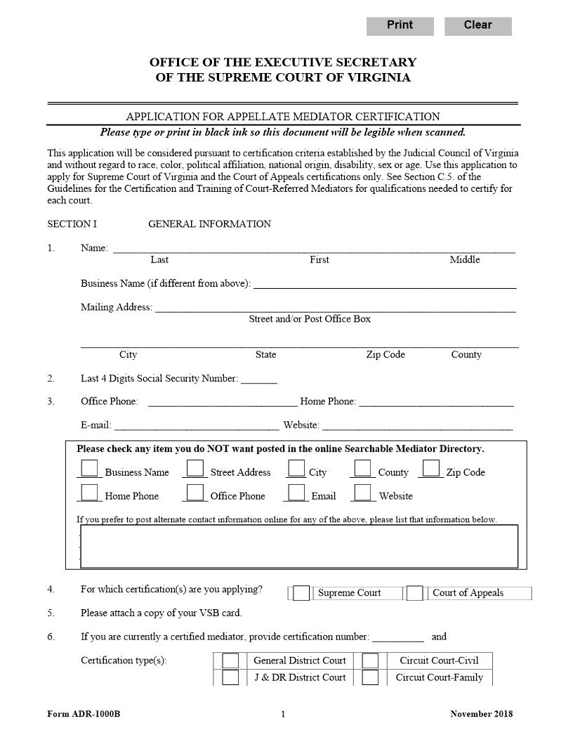 Application For Appellate Mediator Certification {ADR-1000B} | Pdf Fpdf Docx | Virginia