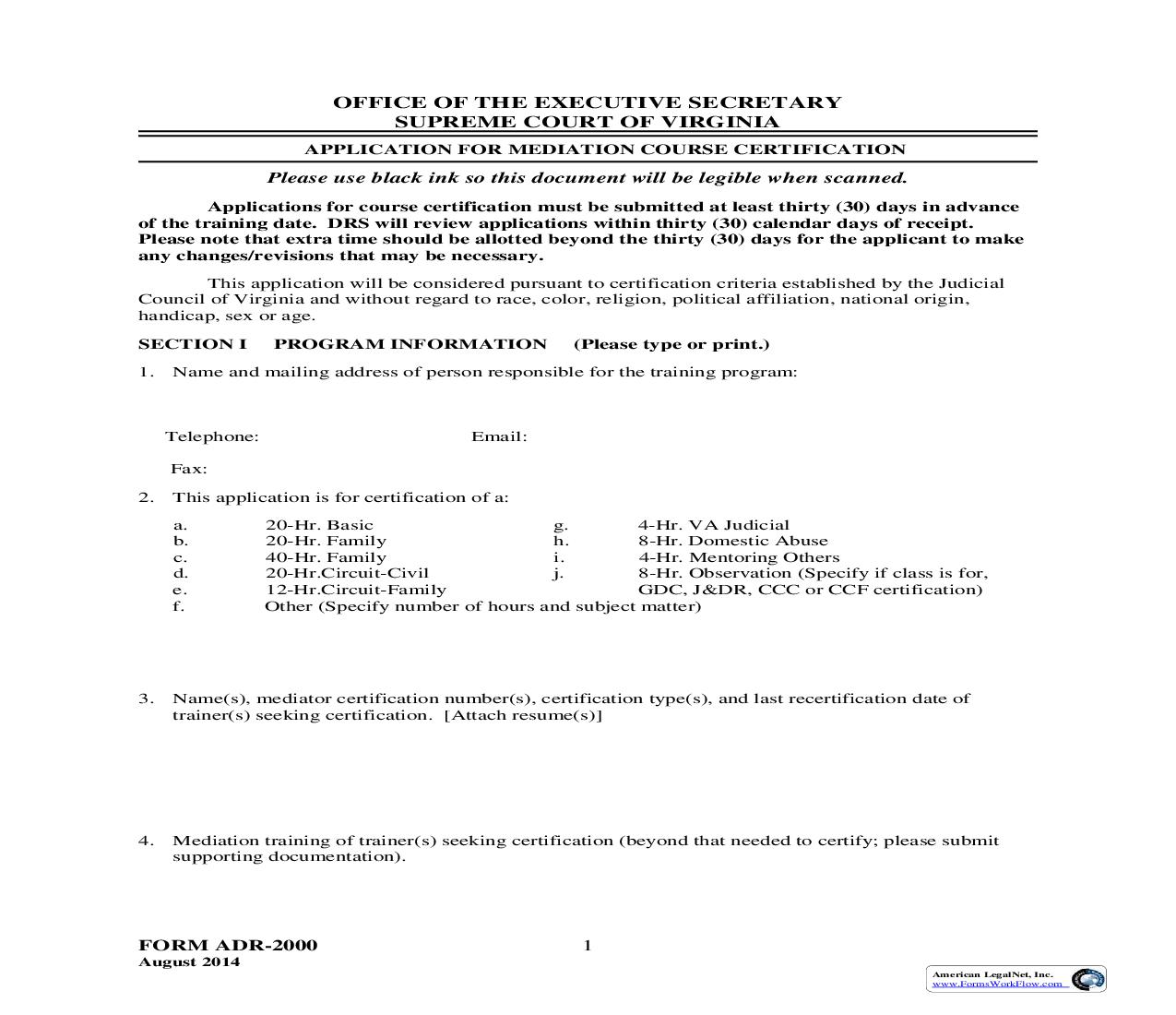 Application For Mediation Course Certification {ADR-2000} | Pdf Fpdf Doc Docx | Virginia