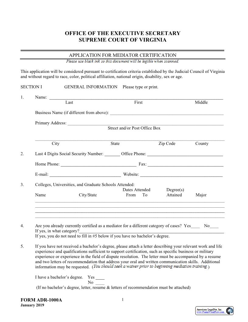 Application For Mediator Certification {ADR-1000A} | Pdf Fpdf Docx | Virginia