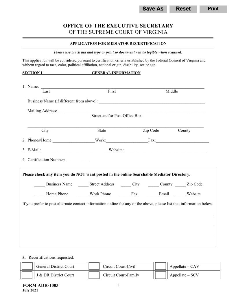 Application For Mediator Recertification {ADR-1003} | Pdf Fpdf Docx | Virginia