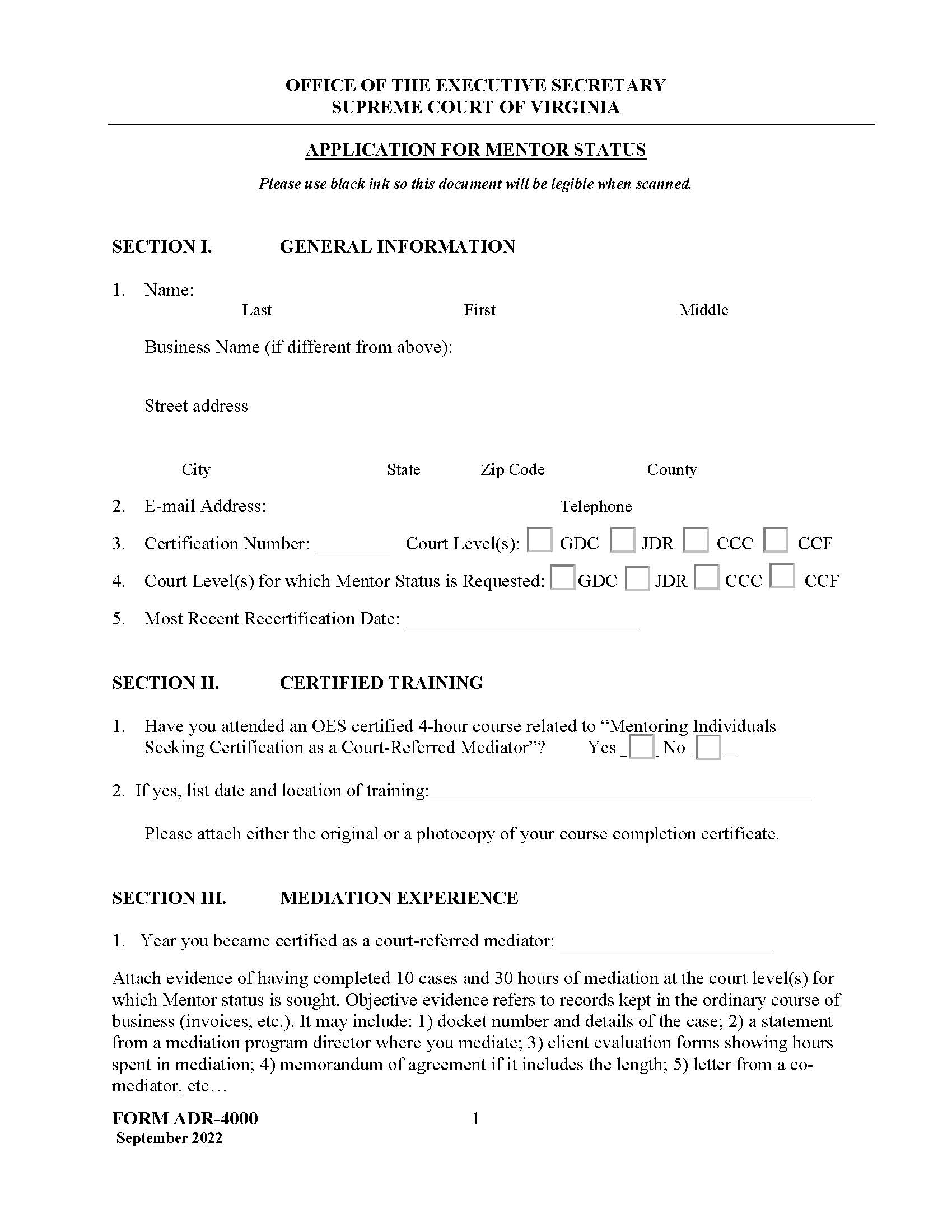 Application For Mentor Status {ADR-4000} | Pdf Fpdf Doc Docx | Virginia