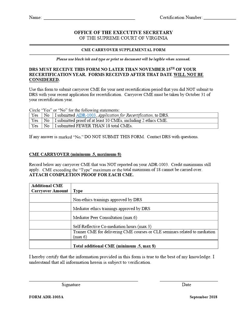 CME Carryover Supplement Form {ADR-1003A} | Pdf Fpdf Docx | Virginia